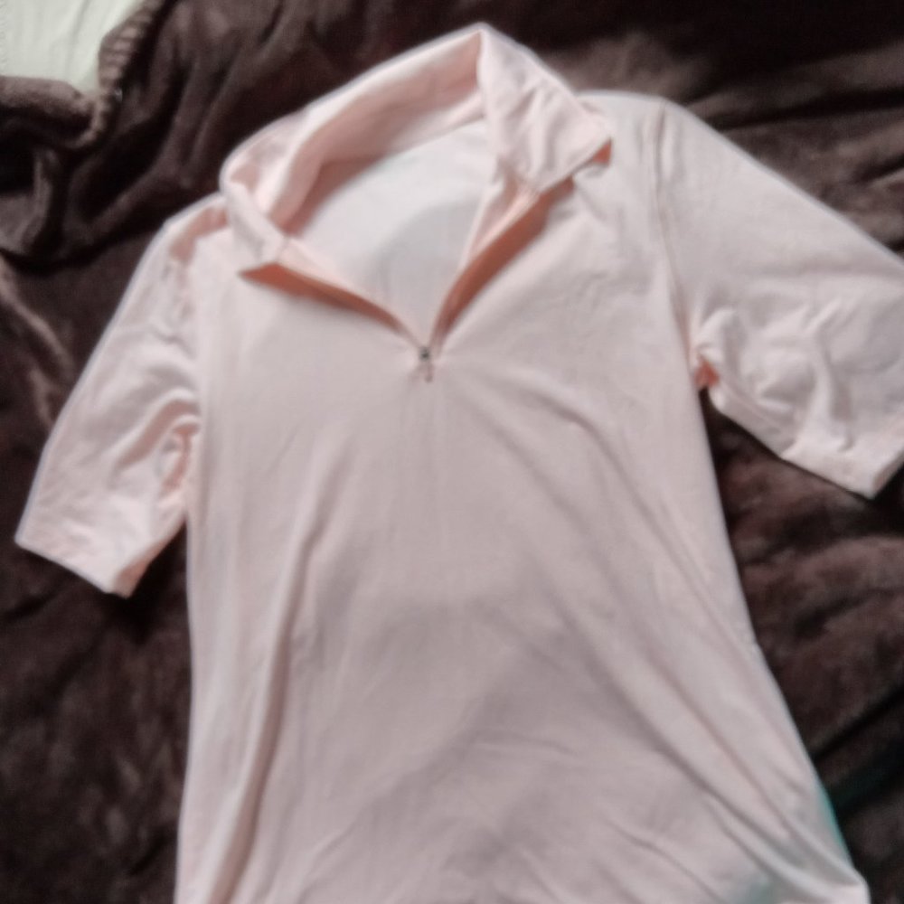 3/$35 Lands End Top Women Small Pinkish Orange Stripe Polo 1/4 Zip Golf Outdoors